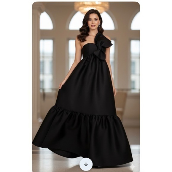 Petal & Pup Dresses & Skirts - Petal and Pup Bettina Black One Shoulder Bow Maxi Dress Ruffle Hem Formal Size M